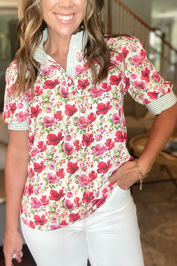 Striped Pleated Collar Floral Top