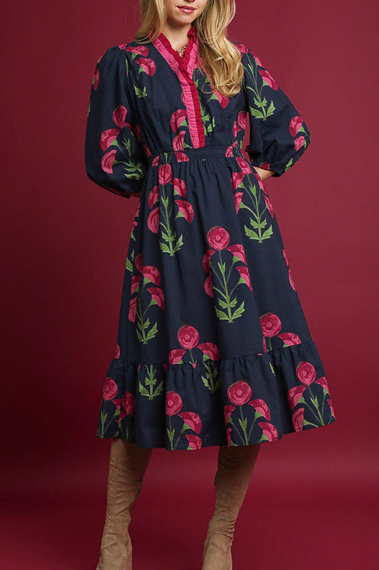 Casual Ruffle Collar Floral Dress