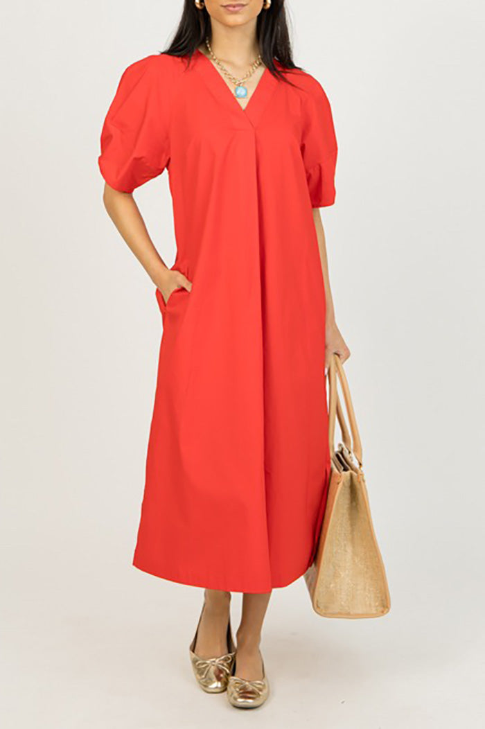 Pocketed Puff Sleeve Midi Dress