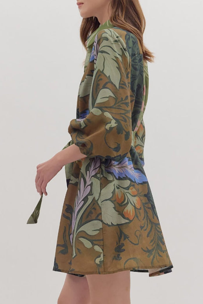 Puff Sleeve Plant Print Dress