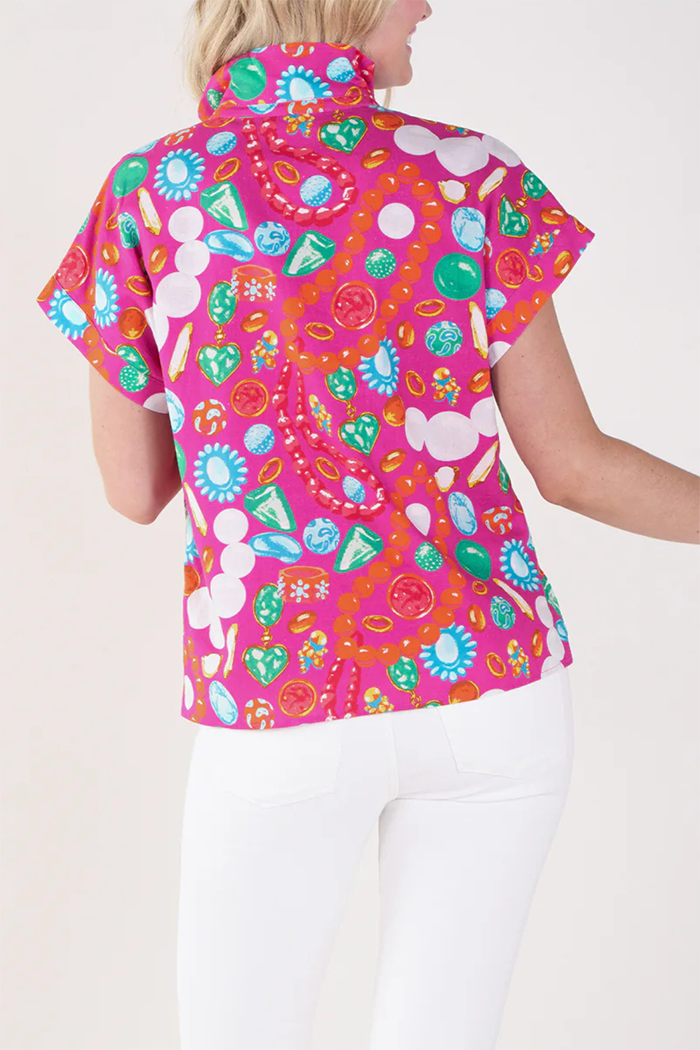 3/4 Zip Neckline Jewelry Box Print Top