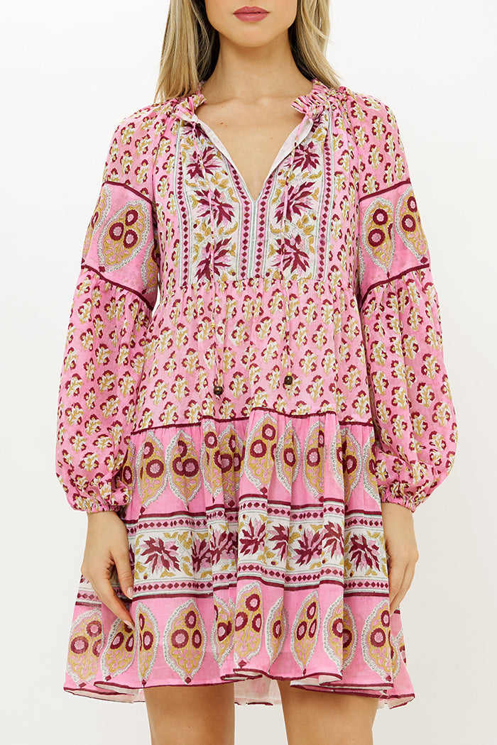 Block Print Balloon Sleeve Tiered Trapeze Mini Dress