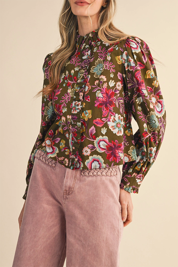 Floral Print Ruffled Button Down Top