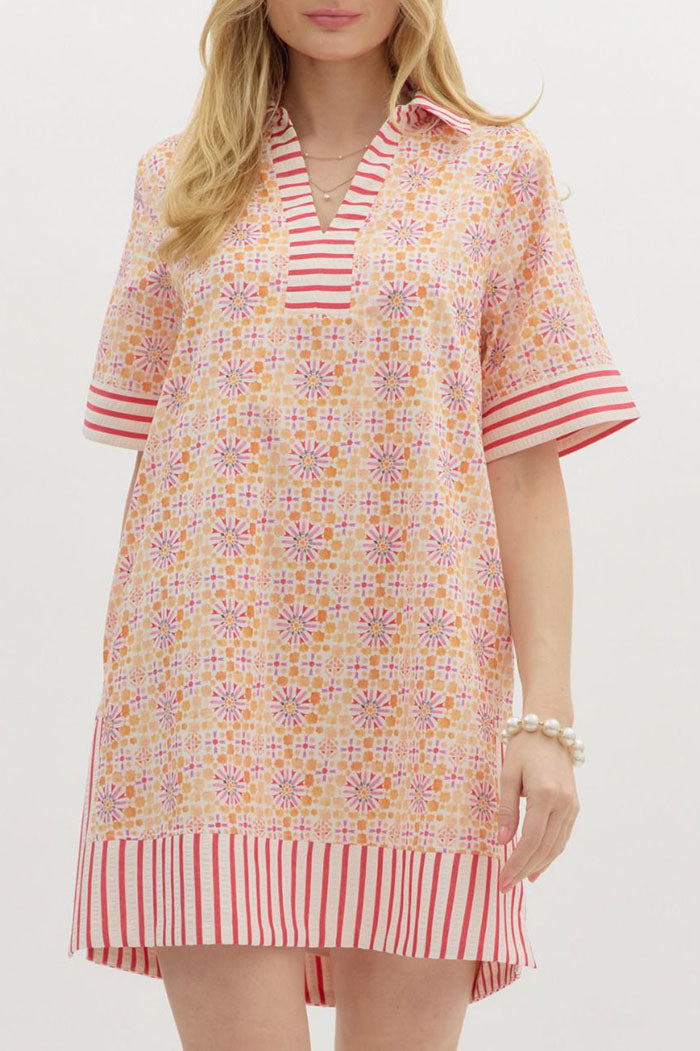 Abstract Floral Stripe Trim Pocket Dress