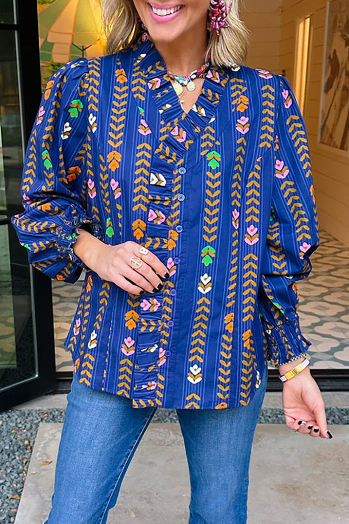 Floral Vine Print Ruffled Smocked Cuff Top