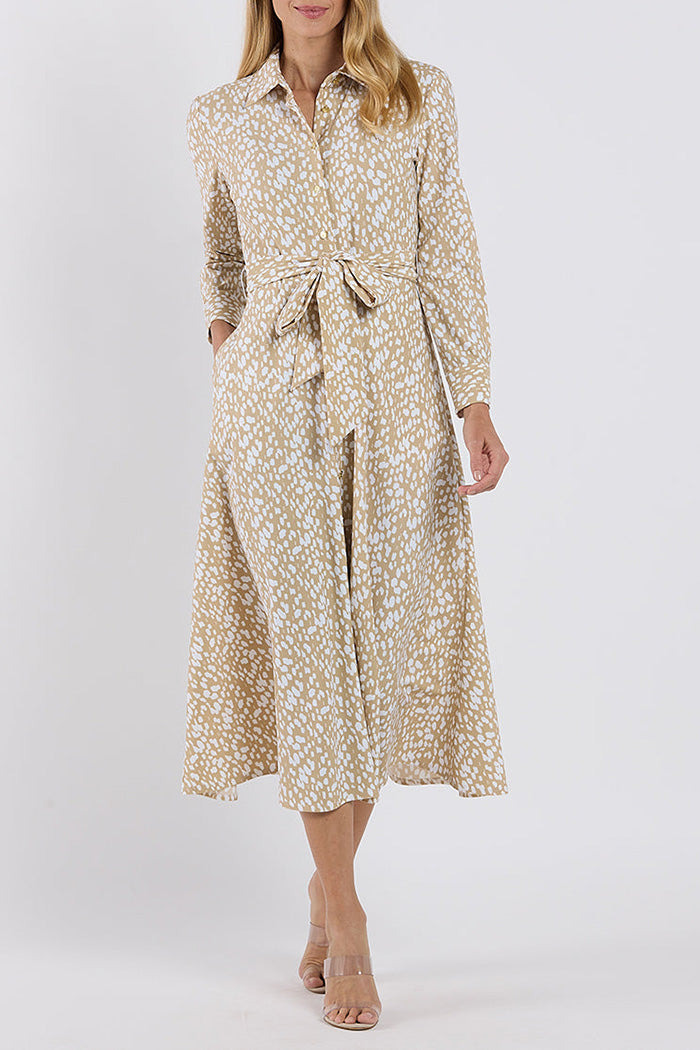 Pocketed Beige Spotted Belted Midi Dress