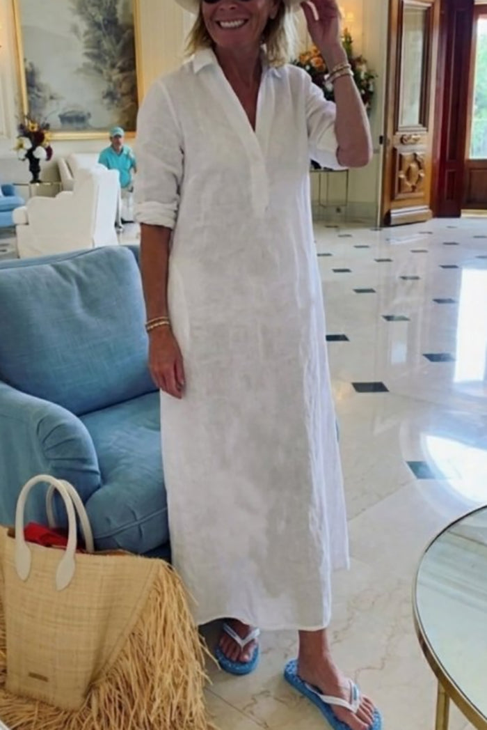 Casual Lapel Roll Sleeve Maxi Dress