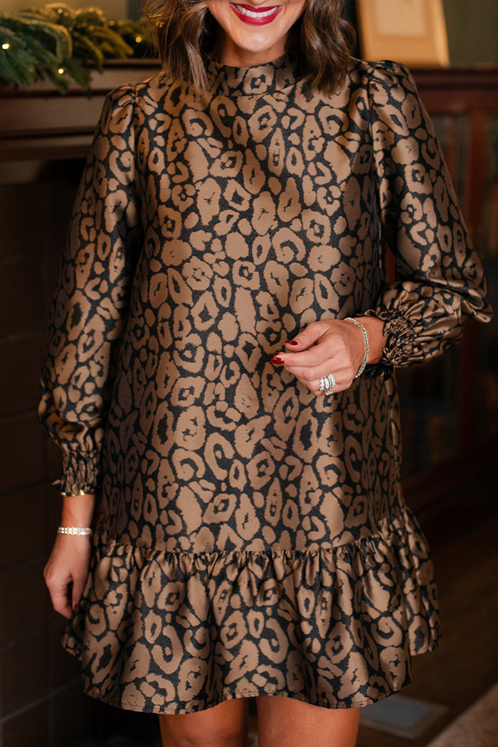Gold Leopard Brocade Ruffle Hem Dress