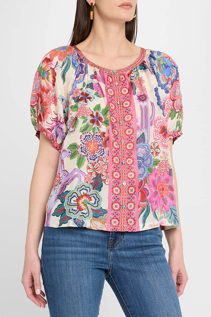 Multicolor Floral Print  Puff Sleeves Top