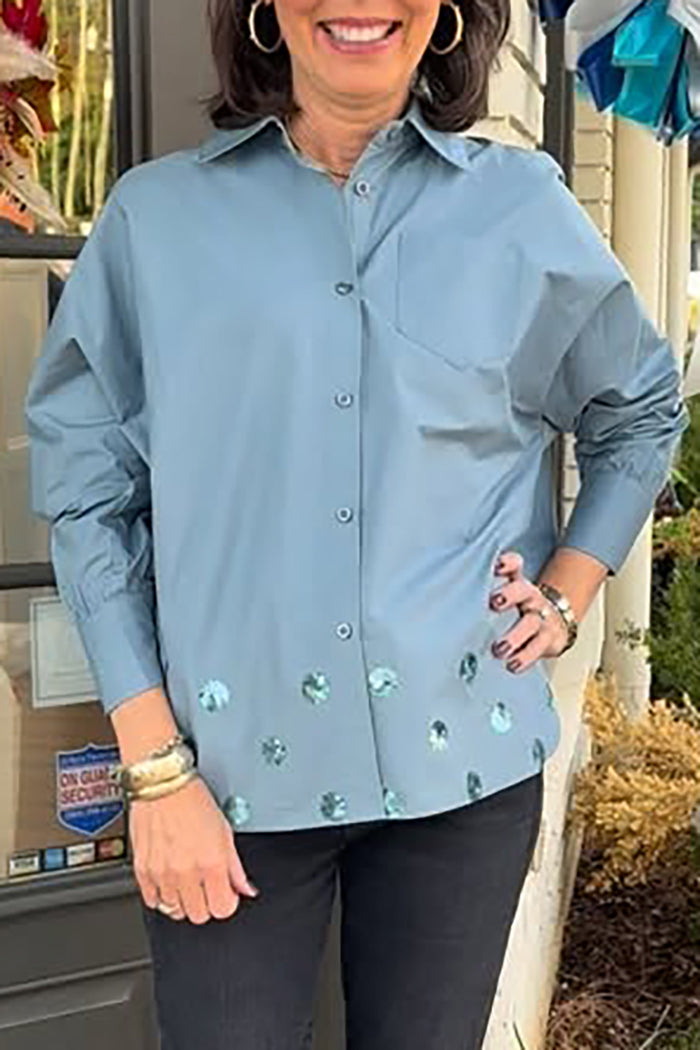 Sequin-Accented Oversized Button Pockets Shirt