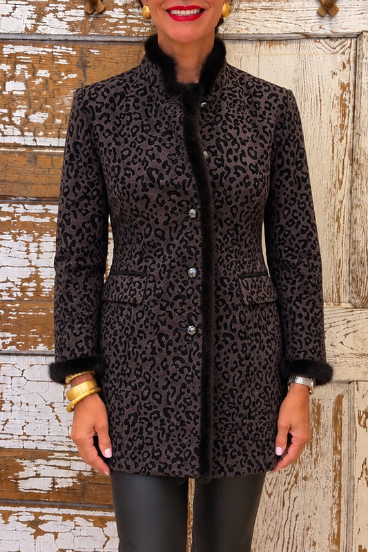 Brown Leo Mink Trim Pocket Jacket