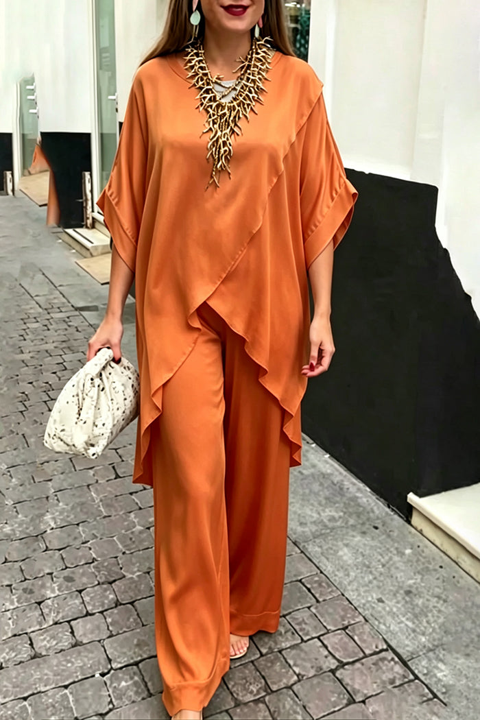Casual Wavy Hem Top Lace Hem Pants Set