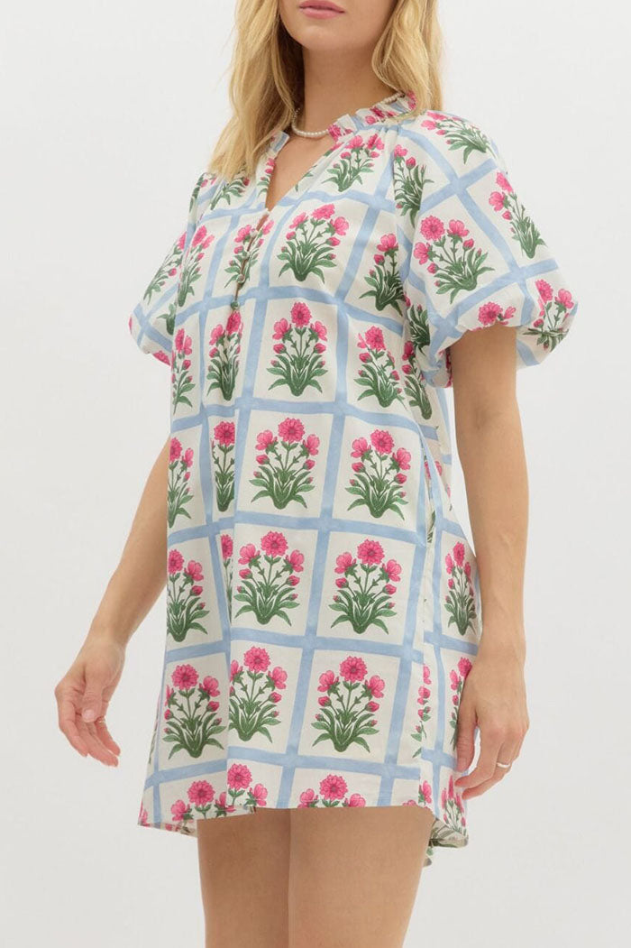 Floral Puff Sleeve Pocket Dress
