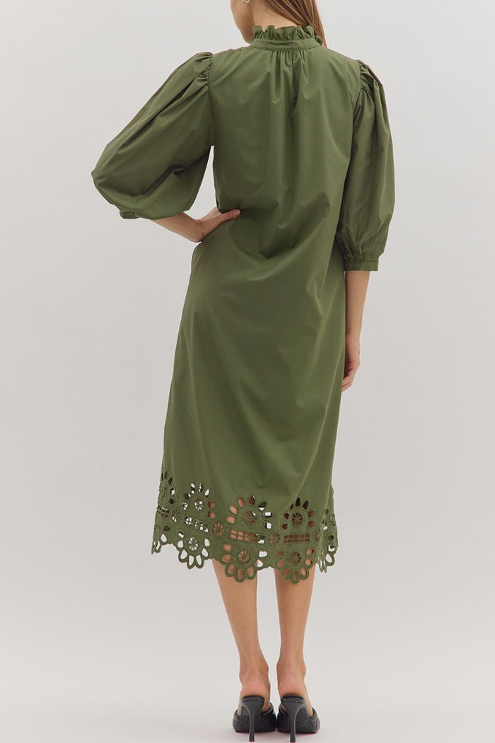 3/4 Puff Sleeve Scallop Hem Pocket Midi Dress