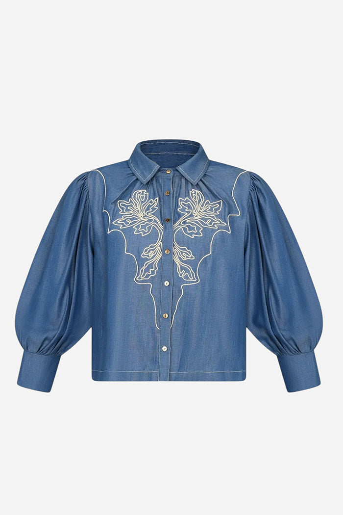 Denim Embroidered Puff Sleeve Top