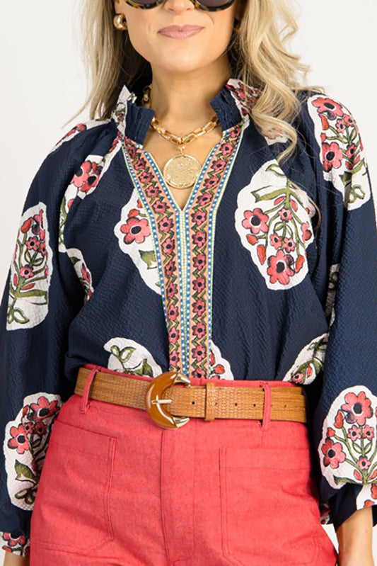 Pleated Collar Floral Top