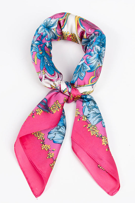 Fuchsia Floral Silk-Feel Scarf With Scarf Ring