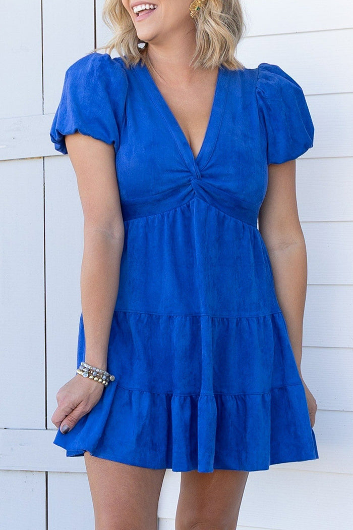 Twist-Front Puff-Sleeve Tiered Mini Dress