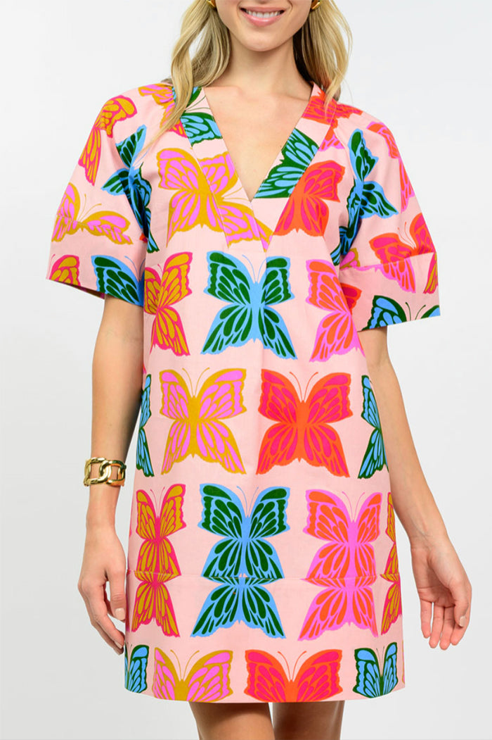 Colorful Butterfly Short Sleeve Dress