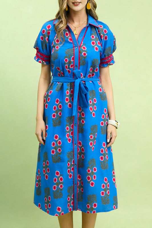 Belted Floral Print Pocket Dress