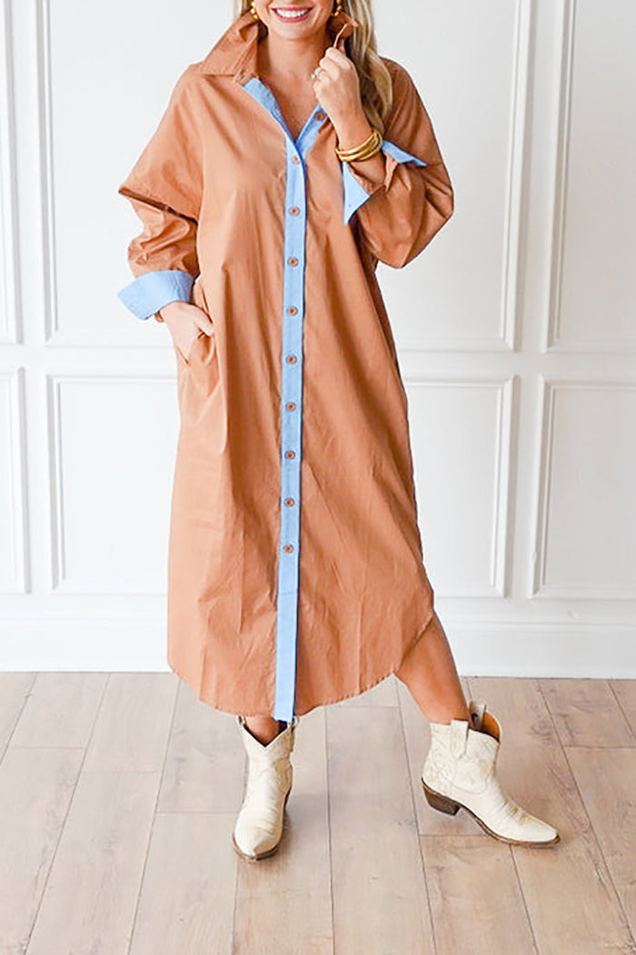 Tie-Waist Contrast Pocket Shirt Dress