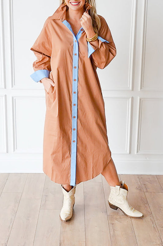 Tie-Waist Contrast Pocket Shirt Dress