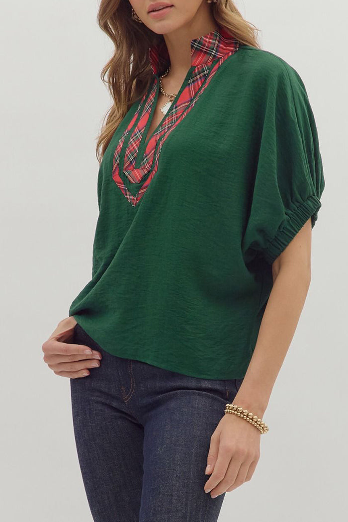 Plaid Layered Collar Dolman-Sleeve Blouse