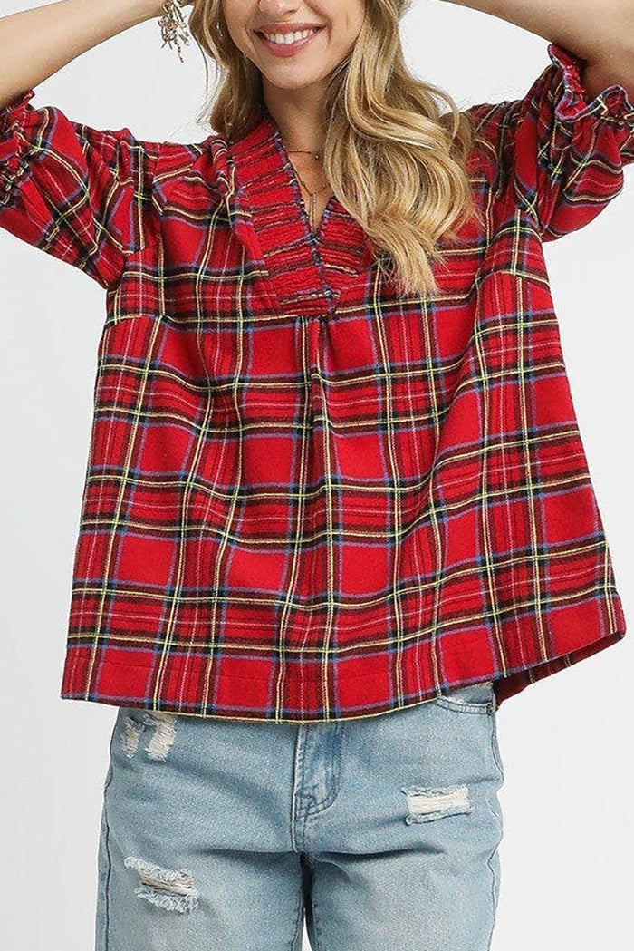 Plaid Smocked V-Neck Flannel Top