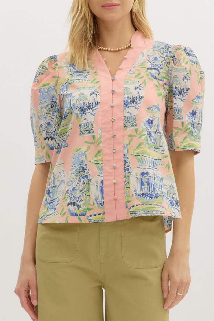 Porcelain Print Puff Sleeve Button Top