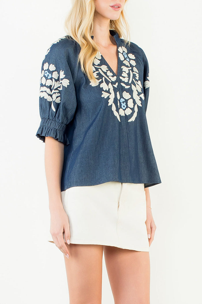 Puff Sleeve Floral Embroidery Top