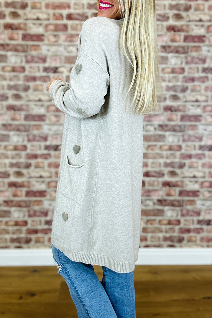 Fluffy Heart Front Pockets Knit Long Cardigan