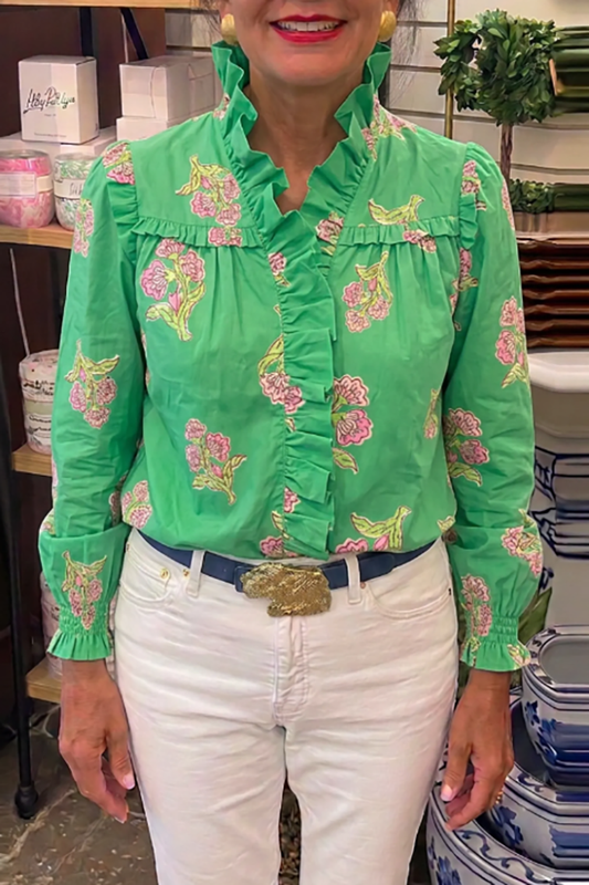 Casual Floral Print Ruffle Top