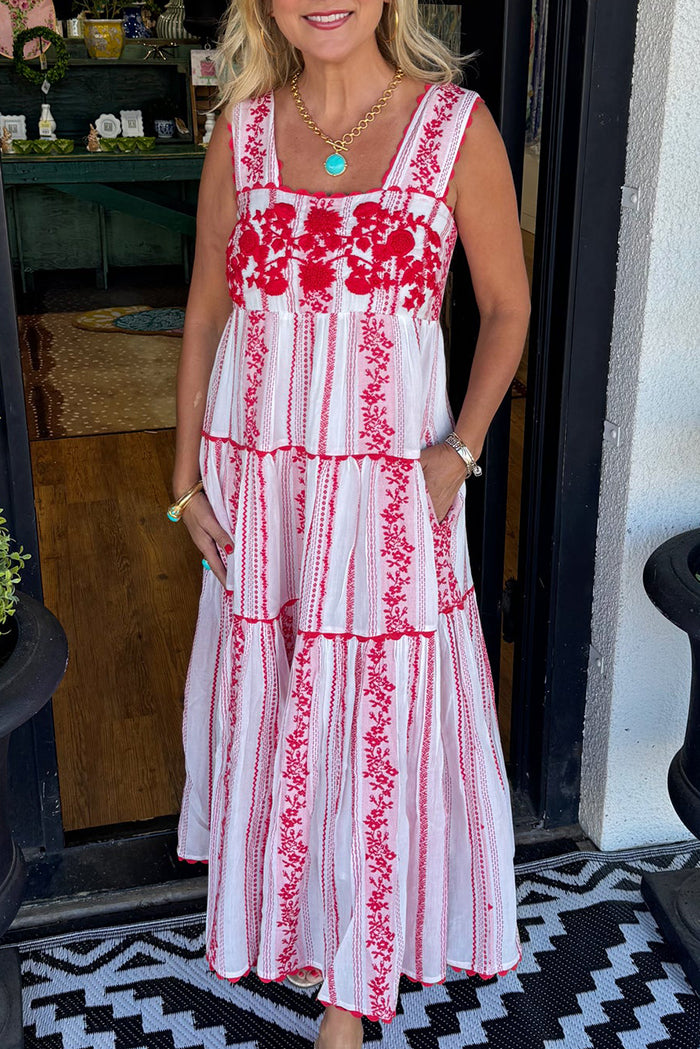 Red Floral Tiered Pocket Dress