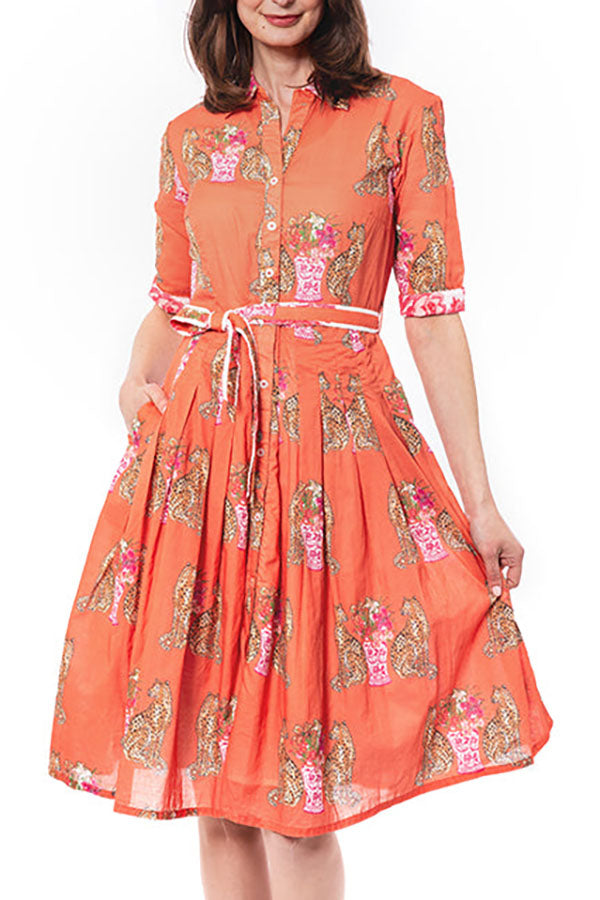 Cinched Cheetah Belt Pleated Dress