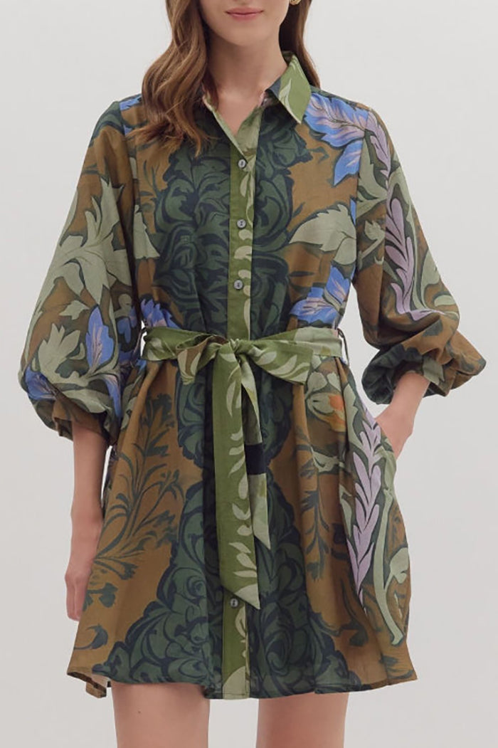 Puff Sleeve Plant Print Dress