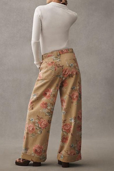 Floral Wide-Leg Cuffed Jeans